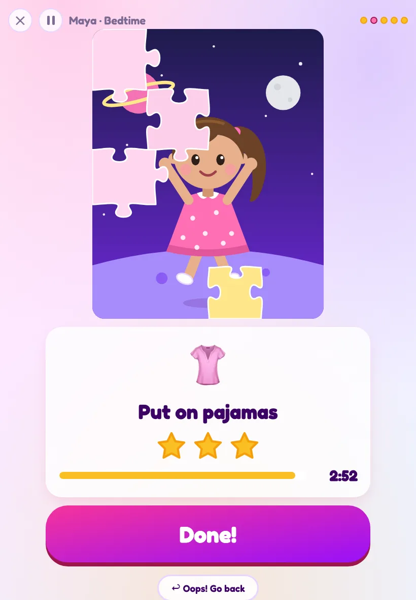 Routine's step screen: “Put on pajamas” with three stars still up for grabs, under a puzzle that's nearly uncovered to show a girl's avatar cheering in space.