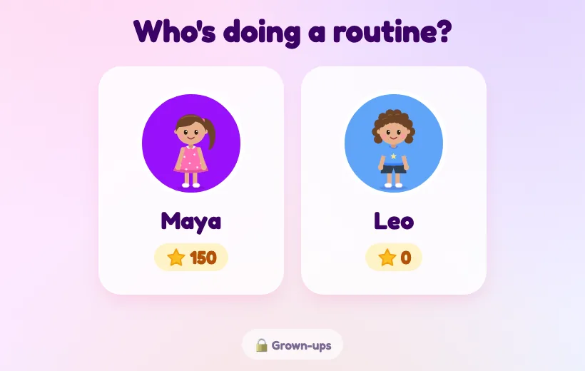 “Who's doing a routine?” with two kids to pick from, each with their own avatar and stars.