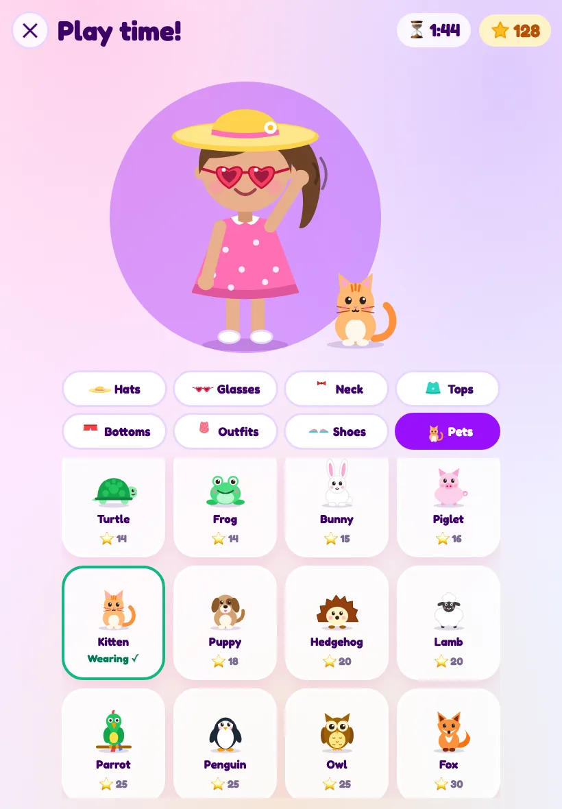 Play time: the avatar in a sun hat and heart glasses with a pet kitten, above a shop of pets with star prices.