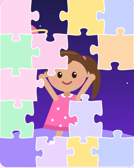 The puzzle with some pieces gone: a girl's smiling face is showing through.