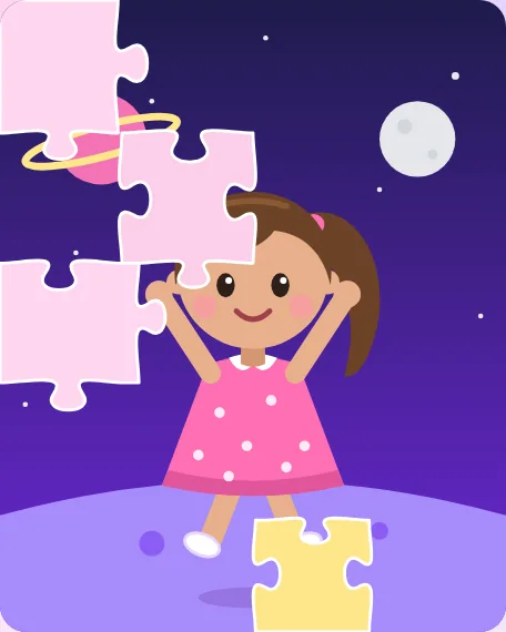 Most pieces gone: a girl in a pink dress is cheering in space.