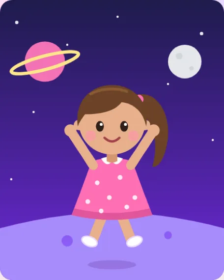 The finished picture: the girl's avatar jumping for joy on a purple planet.