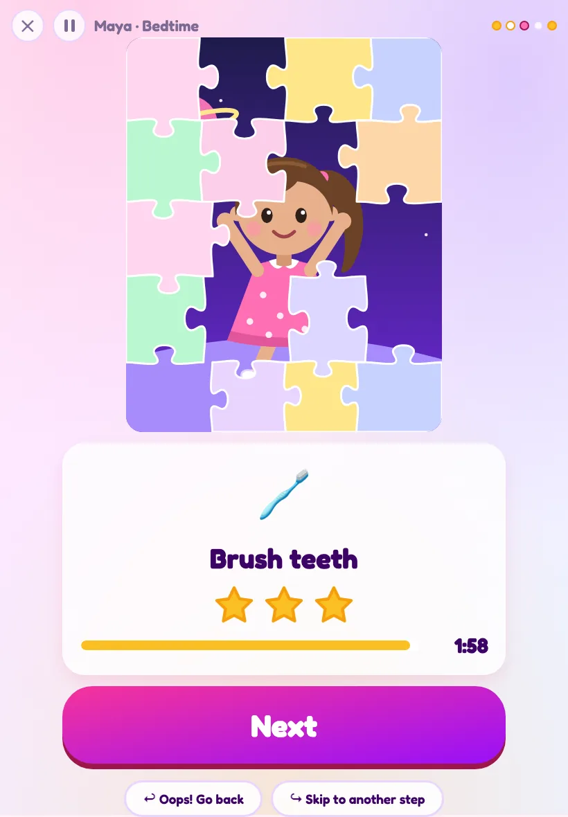 The “Brush teeth” step, with three stars, a timer bar and a big Next button.